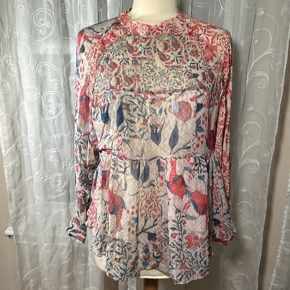 Isabel Marant Tops - Isabel Marant Floral Bird Sheer Silk Babydoll Blouse size 36 -Small NEW Red Blue